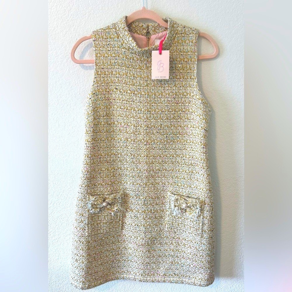 Julie Brown NWT Tweed Shift Dress –Ivory Textured Sleeveless Mini Sz 10 - Picture 2 of 12